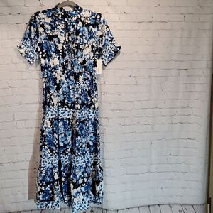 Lapis blue and white floral midi dress NWT